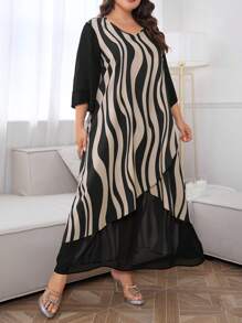Mulvari Robe arabe à mailles contrastantes imprimées en vagues et en rayures, mode vintage décontractée et lâche printemps été