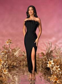 女士黑色性感露肩优雅紧身长款绷带派对礼服宴会正式晚会舞会礼服半正式婚礼宾客礼服，适合生日、毕业典礼、返校节