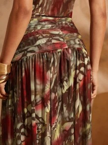 Hauture Conjunto de dos piezas con blusa de estampado abstracto y falda larga envolvente con abertura - Multicolor - Ver 3