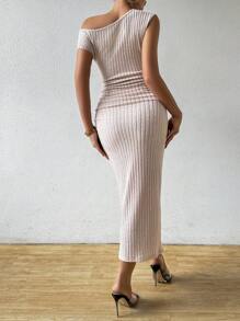 Chiquease Asymmetrical Neck Ribbed Knit Ruched Dress - Apricot - View 2