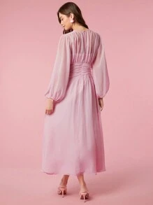 Enchnt Summer Holiday Romantic Elegant Ruffle Trim Lantern Sleeve Ruched Waist Pink Dress - Pink - View 3