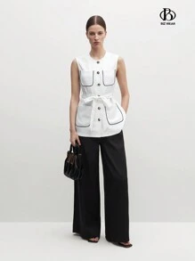 BizChic 女士休闲拼色前纽扣背心，配有口袋和撞色饰边，秋季女装 - 白色 - 查看 3