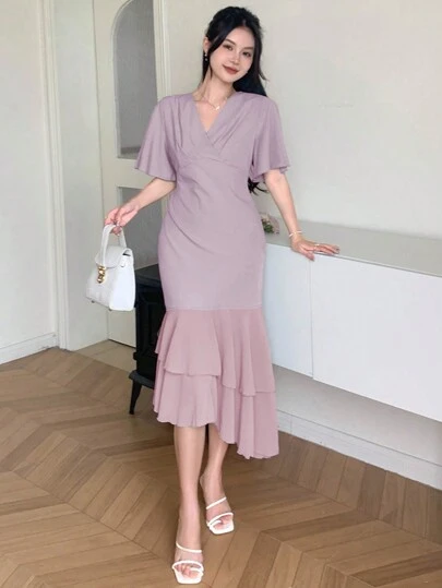 DAZY Yazlık Şık Tek Renk Fırfırlı Asimetrik Etek Ucu Elbise Sundress