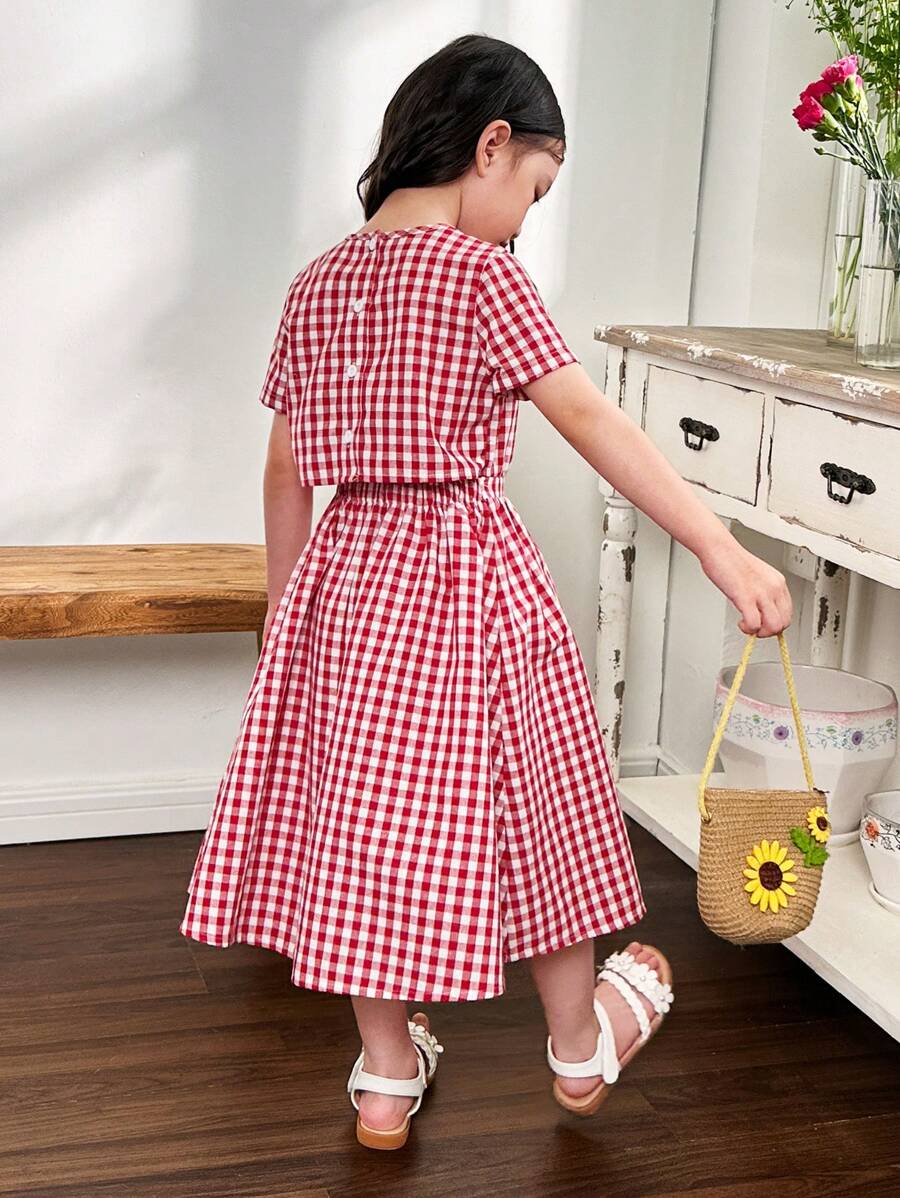 Vestido informal entero para niña tejido a cuadros con cuello redondo - Rojo y blanco - Ver 1