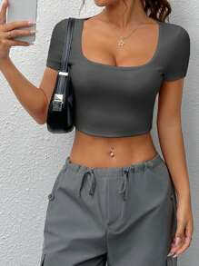 SHEIN EZwear Áo thun cổ vuông màu xám đậm liền mạch cơ bản - Màu xám đen - Xem 4