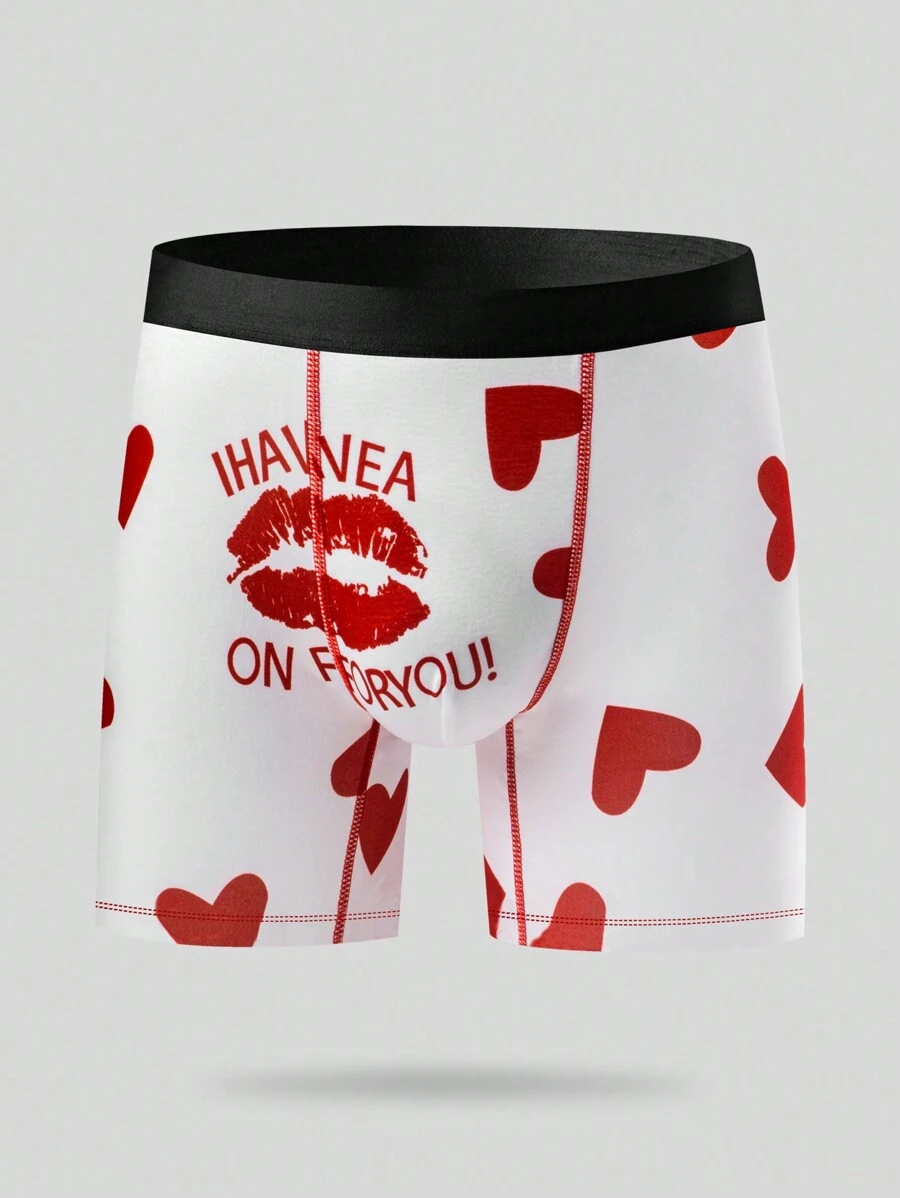 Men Heart & Letter Graphic Contrast Tape Boxer Brief - White - View 1