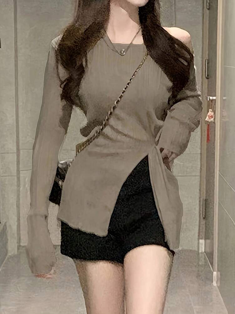 Solid Asymmetrical Neck Slit Hem Knit Top - Khaki - View 3