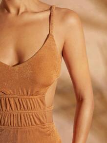 SHEIN Unity Open Back Slinky Jersey Knit Wide Leg Jumpsuit - Brown - View 4