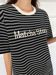 DAZY 女式夏季条纹字母印花圆领休闲落肩袖T恤，图案T恤 - 黑色 - 查看 6