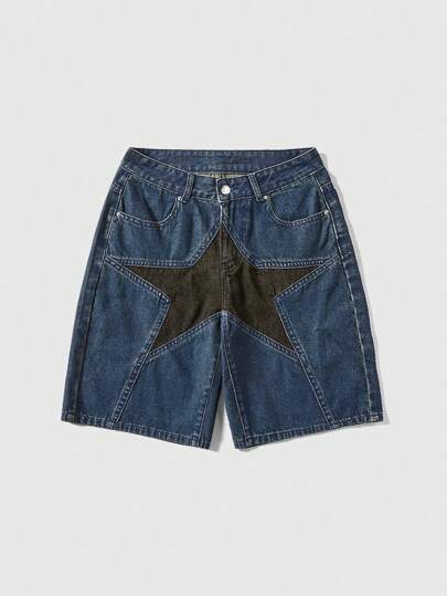 Grunge Punk Women's Casual Wide Leg Star Pattern Denim Shorts With Pockets, School