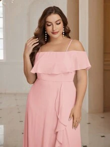 SHEIN Belle Plus Size Solid Color Spaghetti Strap Dress With Asymmetrical Ruffles And Side Slit, Elegant Bridesmaid Gown - Pink - View 8