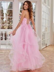 Vestido Longo de Formatura Elegante com Alças Finas Rosa, com Corpete Bordado e Saia de Tule com Babados, Perfeito para Festa - Rosa chiclete - Visão 3