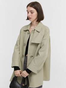 Raglan Sleeve Duffle Trench Coat For Spring & Autumn - Green - View 7