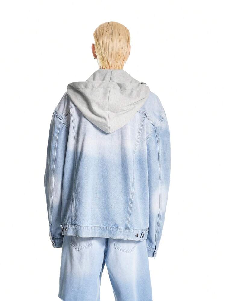 Men's Light Blue Vintage Distressed Denim Oversized Hooded Jacket