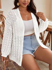 SHEIN Frenchy 大碼露空長袖夏日假日開衫 - 白色 - 查看 4