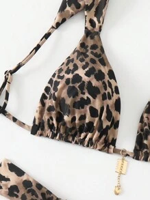Swim Vcay 2 piezas Conjunto de traje de baño de mujer con estampado de leopardo, estampado aleatorio de verano