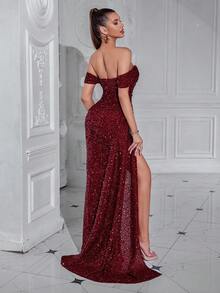Elisanya Đầm dự tiệc cocktail hở vai xẻ đùi, xòe eo, có nơ, váy dạ hội trang trọng thanh lịch - Màu Đỏ Sâu - Xem 2