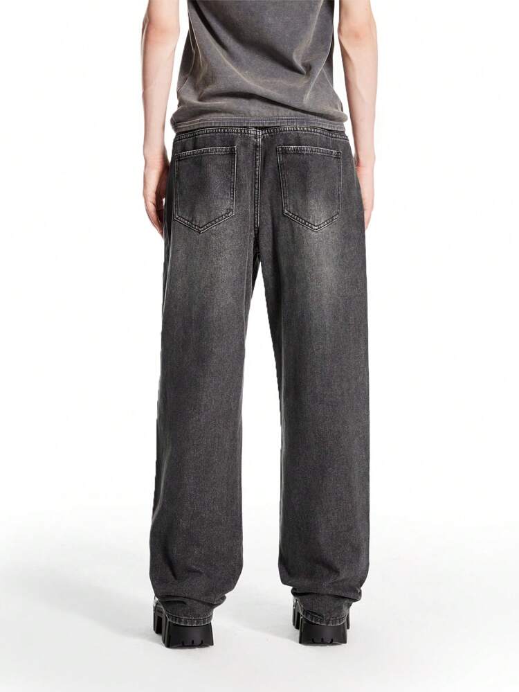 Men's Dark Grey Ripped Loose Flare Denim Jeans