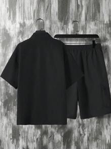 Manfinity Hypemode Set Kaos Polo Lengan Pendek dan Celana Pendek Kasual Pria Motif Blok Warna Musim Panas - MultiWarna - View 2