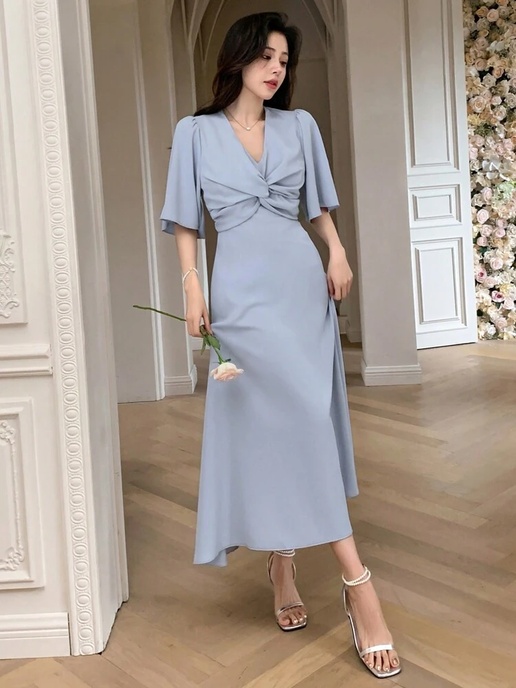 Women's V-Neck Twisted Design Long Dress With A Sense Of Design Summer Elegant Dress