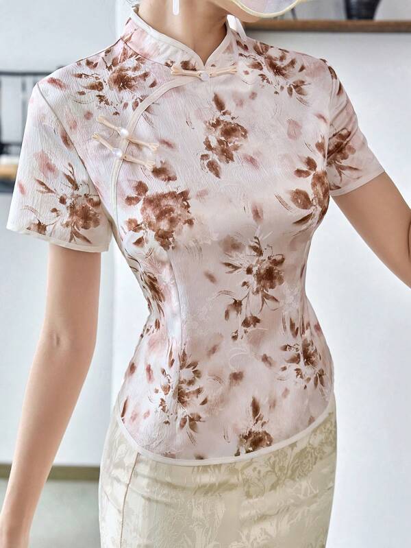 Modelyn Floral Print Mandarin Collar Curved Hem Hanfu Tops, Hanfu Tops