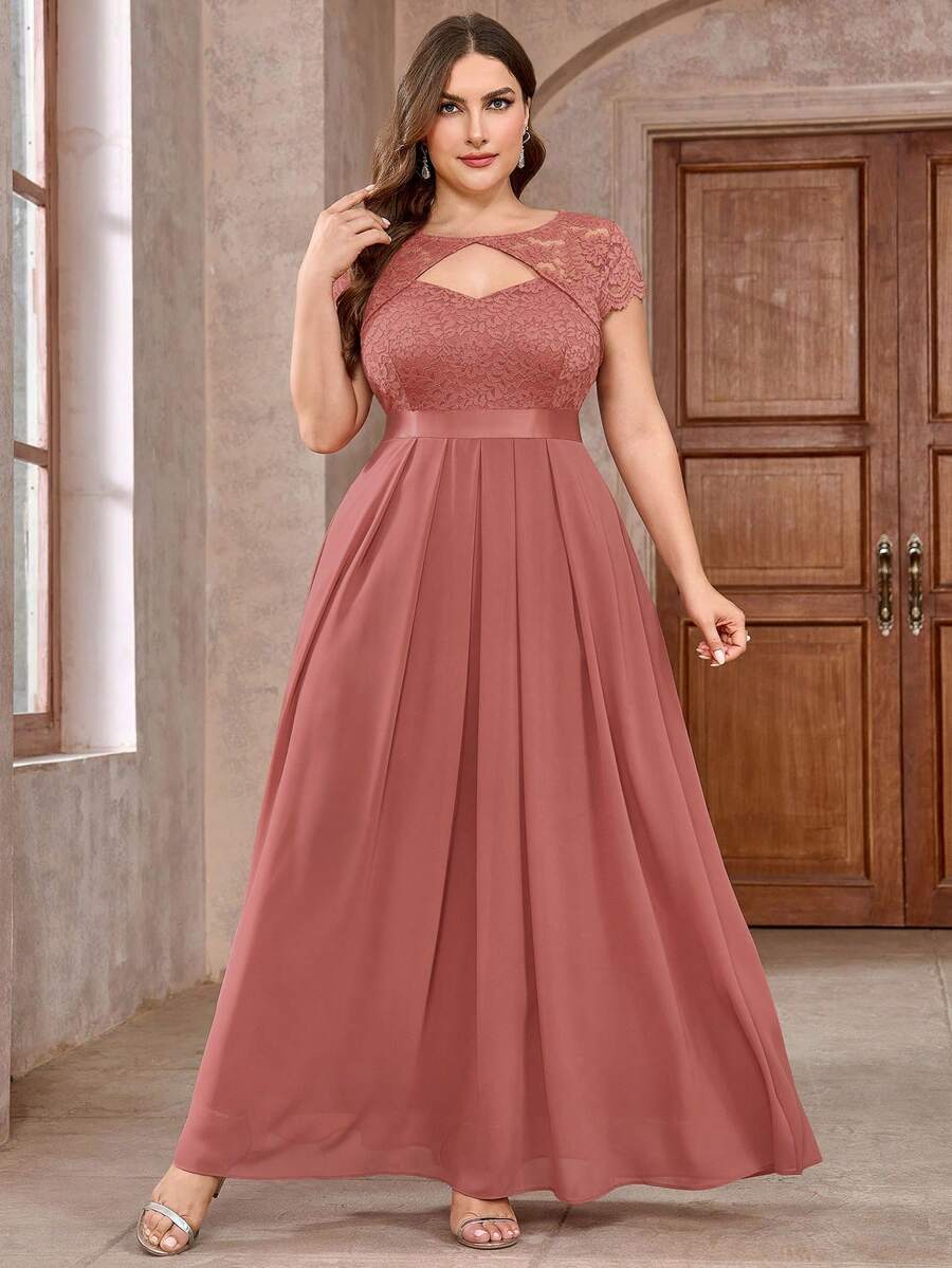 加大优雅花卉蕾丝甜心领雪纺正式派对长裙舞会晚会婚礼宾客礼服，适合毕业典礼、晚宴 - 藕粉色 - 查看 1