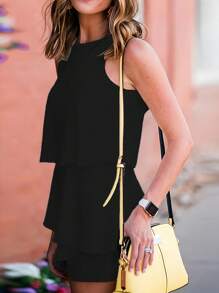 Women's Spring, Summer, Autumn, And Winter Solid Color Casual Elegant Ruffle Edge Back Zipper Sleeveless Solid Color Romper Black - Black - View 3