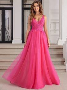 女士闪亮亮片刺绣网眼无袖派对礼服手工串珠蕾丝舞会礼服 A 字形系带后背亮片 V 领舞会礼服及地长背心返校节礼服青少年 - 玫紅色 - 查看 2