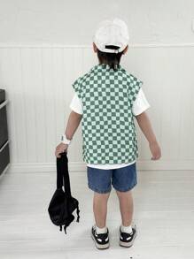 SHEIN 3pcs/Set Young Boy Sporty Preppy Plaid Pocket Sleeveless Jacket,Solid Color Short Sleeve T-Shirt And Denim Shorts,Back-To-School Summer Street Wear - Multicolor - View 2