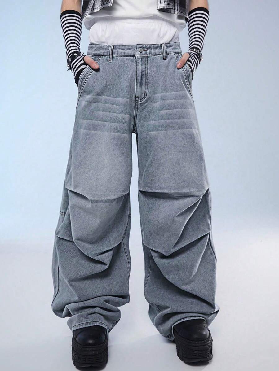 Manfinity Denimwave Men's Solid Color Zipper Fly Casual Straight Leg Jeans With Pockets For Streetwear - Light Wash - View 1