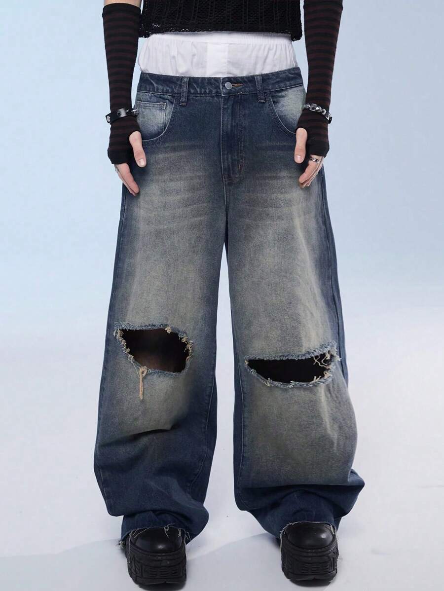 Manfinity Denimwave Simple Daily Distressed Jeans för män, Street Style - Blågrön - Visa 1