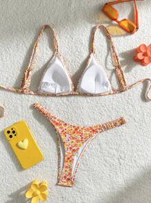 Swim Mod Ladies' Summer Beach Orange Ditsy Floral Sexy Bikini Set, Random Print - Multicolor - View 2