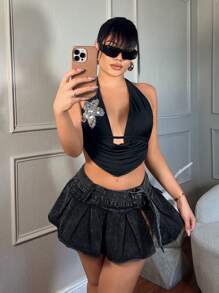 SHEIN SXY Y2k嬉皮潮流古怪龐克超低腰開叉內襯人字斜紋A字裙，帶雪花紋編織和陽光圖案扣帶的寬腰帶，雙排蜜豆鈕扣撕裂牛仔裙裙 - 黑色 - 查看 5