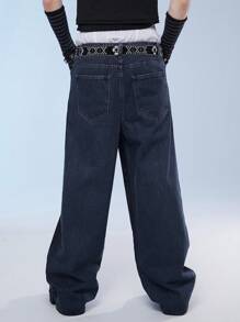 Manfinity Roghcode 男裝純色寬腿拉鍊牛仔褲，帶口袋，街頭風格 - 深色水洗藍 - 查看 2