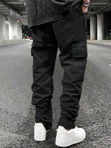 Claim Dot 男士休闲纯色抽绳腰工装裤，秋季 - 黑色 - 查看 2