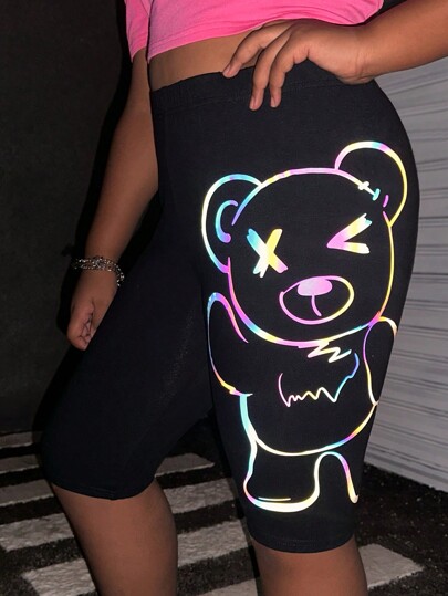 SHEIN Leggings cortos informales con carta impresa en la cintura en tamaño extendido para niñas preadolescentes