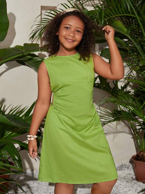 SHEIN Tween Girls Extended Size  Casual Round Neck Sleeveless Solid Color Waist-Cinching Dress