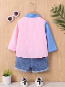 3pcs/Set Baby Girls' Spring/Summer Outfit - Long Sleeve Patchwork Shirt, White T-Shirt And Washed Denim Shorts - Blue - View 2