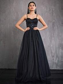 Mgiacy Beaded Shimmering Sparkly Lace Mesh Cami Cupped Dress - Black - View 6