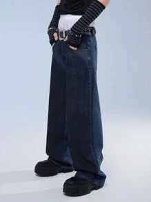 Manfinity Roghcode 男裝純色寬腿拉鍊牛仔褲，帶口袋，街頭風格 - 深色水洗藍 - 查看 8