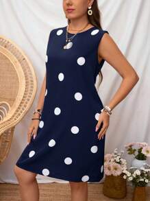 SHEIN LUNE Plus Size Women's Polka Dot Printed Sleeveless Summer Dress - Navy Blue - View 5