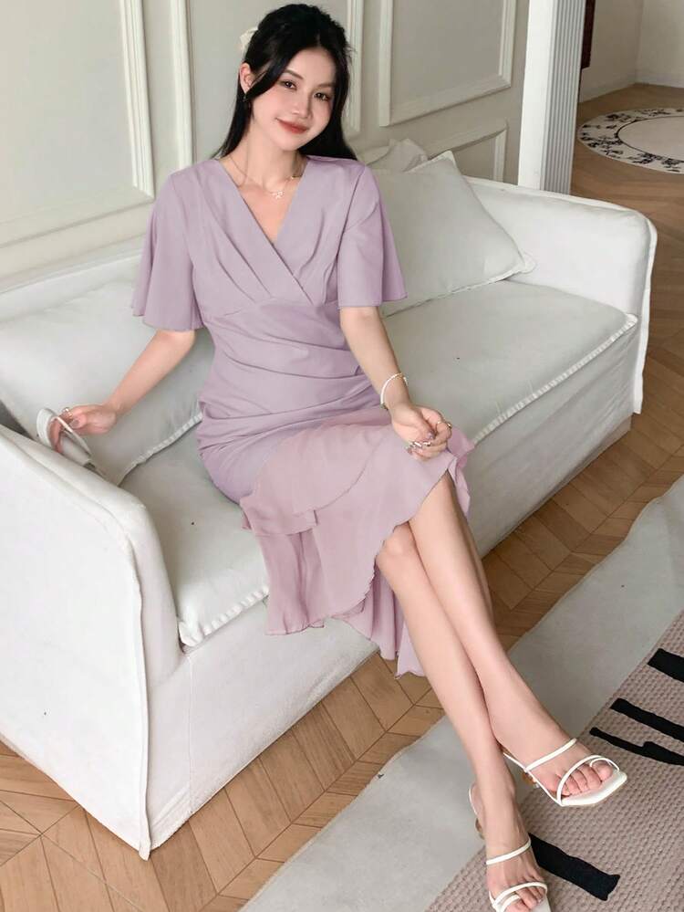 Summer Elegant Solid Color Ruffled Asymmetrical Hem Dress Sundress