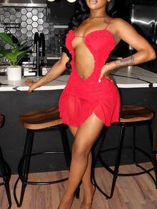 女士夏季纯色网纱拼接镂空吊带褶皱蕾丝开衩透视性感约会迷你裙辣妹假日街头夜店派对优雅连衣裙 - 紅色 - 查看 4