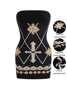Flirla Vestido de punto entallado sin tirantes de talla grande para mujer con diseño cruzado de verano - Negro - Ver 1