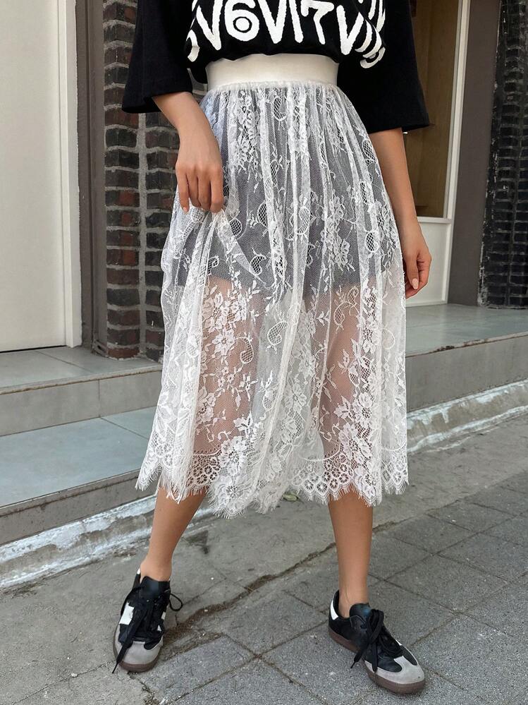 DAZY Women Solid High Waist Lace Skirt - White - View 6