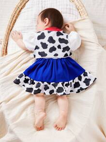 SHEIN Newborn Baby Girl Cow Pattern Vest Coat, Cartoon Printed Bubble Short Sleeve Dress Outfit, Cute Casual Style