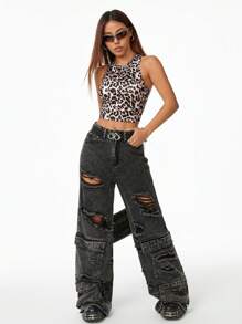 SHEIN EZwear Women's Y2K Leopard Print Cropped Fitted Scoop Neck Tank Top - Brown - View 6