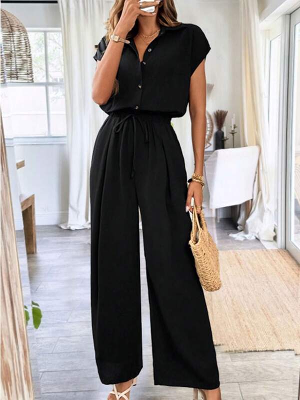 Calvaya Summer Casual Linen Black Jumpsuit With Elastic Waist And Wide-Leg Pants