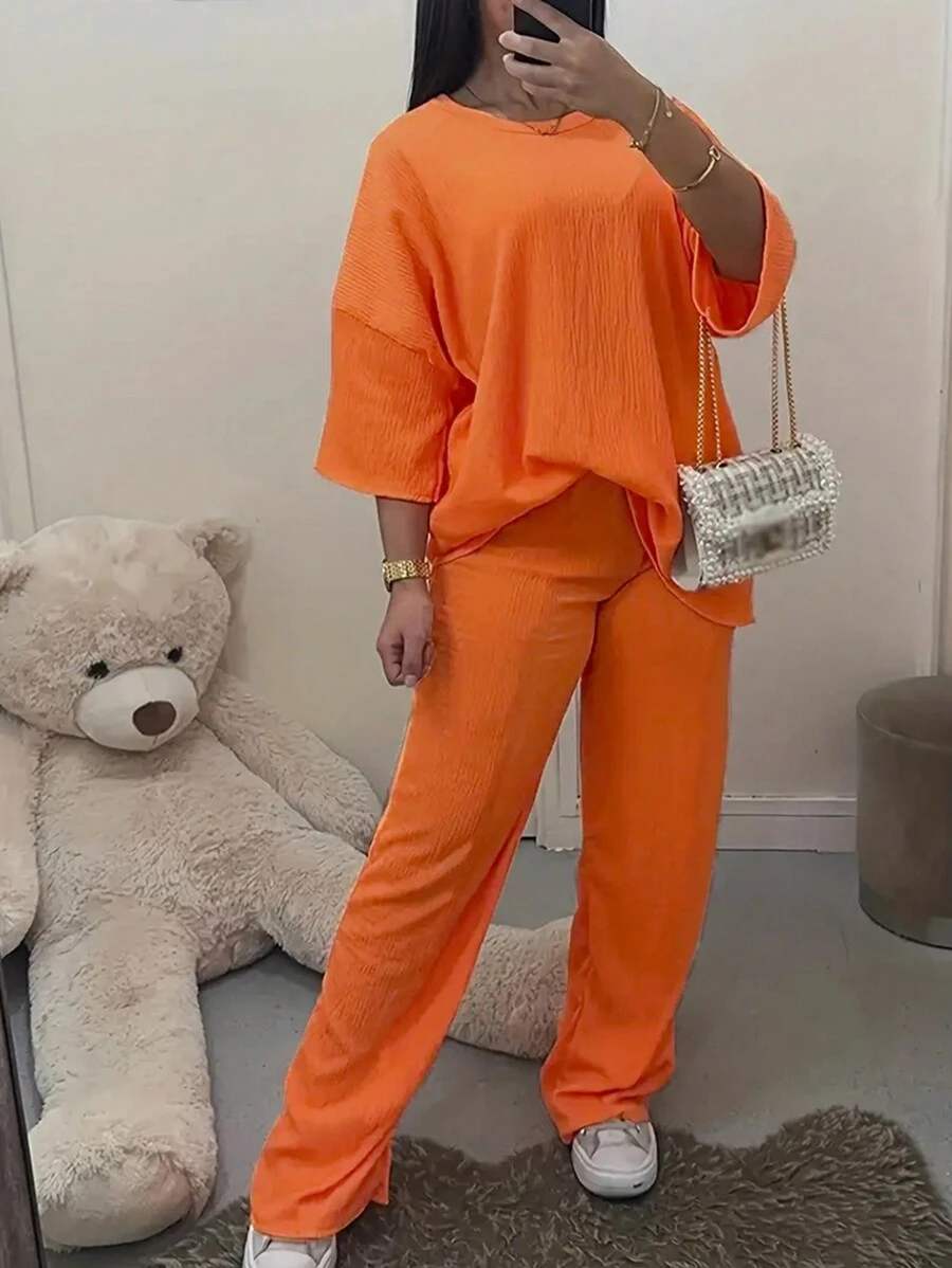 INAWLY Solid Drop Shoulder Tee & Pants For Summer - Orange - View 1