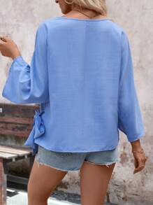 SHEIN LUNE Solid Color Round Neck Mid-Flip Sleeve Shirt With Front Tie - Blue - View 2